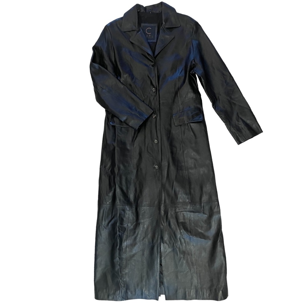 Long Black Leather Button-Front Trench Coat